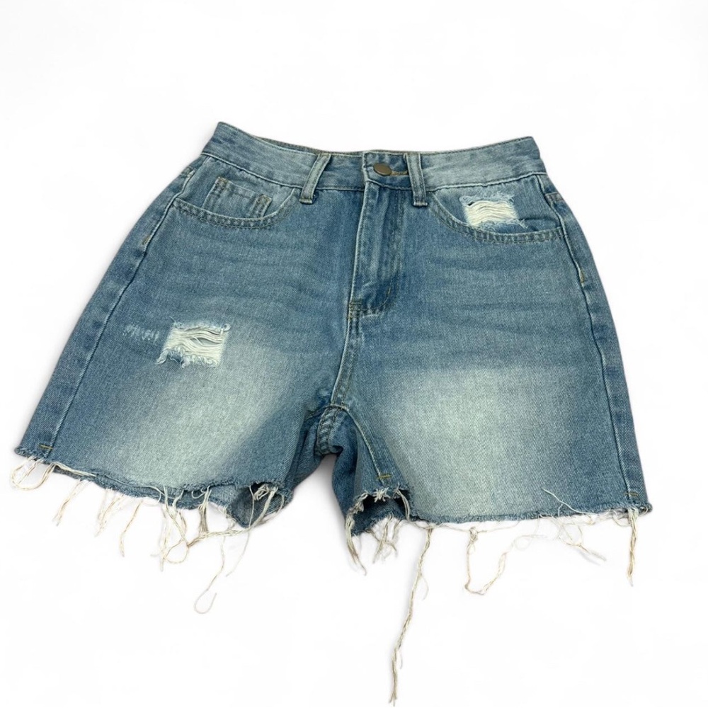 SHEIN Blue Distressed Jean Shorts with Frayed Hem
